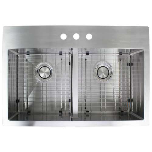 SMDTDE332210-3 Diamante 33-in x 22-in x 10-in 16 Gauge Equal Double Bowls Micro Dual Mount Stainless Steel Kitchen Sink With 3 Faucet Holes, Low Divide, Bottom Sink Grids, Flip-Top Sink Strainer, And Flip-Top Disposer Strainer