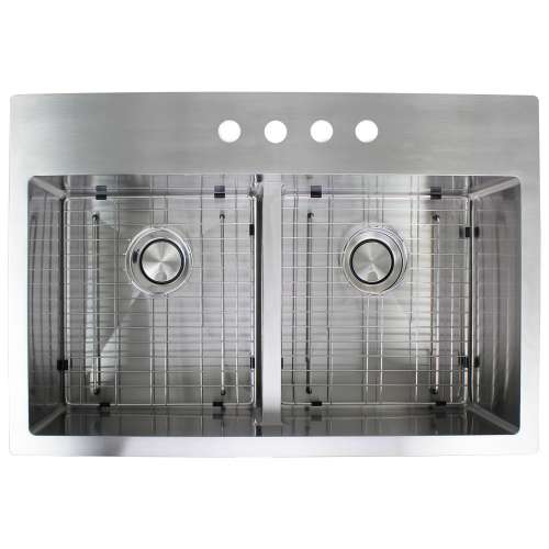 SMDTDE332210-4 Diamante 33-in x 22-in x 10-in 16 Gauge Equal Double Bowls Micro Dual Mount Stainless Steel Kitchen Sink With 4 Faucet Holes, Low Divide, Bottom Sink Grids, Flip-Top Sink Strainer, And Flip-Top Disposer Strainer