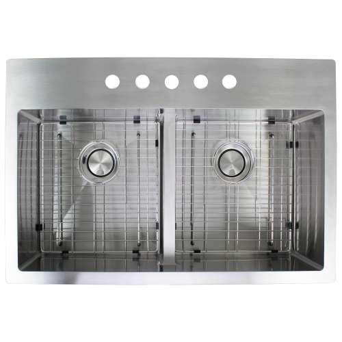 SMDTDE332210-5 Diamante 33-in x 22-in x 10-in 16 Gauge Equal Double Bowls Micro Dual Mount Stainless Steel Kitchen Sink With 5 Faucet Holes, Low Divide, Bottom Sink Grids, Flip-Top Sink Strainer, And Flip-Top Disposer Strainer