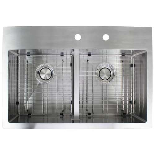 SMDTDE332210-FR2 Diamante 33-in x 22-in x 10-in 16 Gauge Equal Double Bowls Micro Dual Mount Stainless Steel Kitchen Sink With FR2 Faucet Holes, Low Divide, Bottom Sink Grids, Flip-Top Sink Strainer, And Flip-Top Disposer Strainer