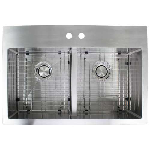 SMDTDE332210-MR2 Diamante 33-in x 22-in x 10-in 16 Gauge Equal Double Bowls Micro Dual Mount Stainless Steel Kitchen Sink With MR2 Faucet Holes, Low Divide, Bottom Sink Grids, Flip-Top Sink Strainer, And Flip-Top Disposer Strainer