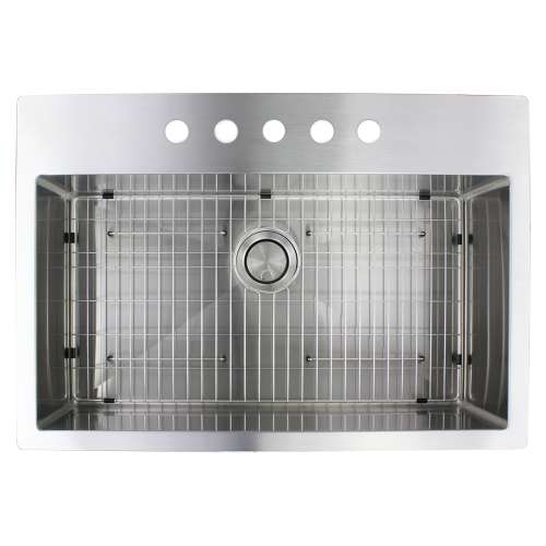 SMDTSS322210-5 Diamante 32-in x 22-in x 10-in 16 Gauge Super Single Bowl Micro Dual Mount Stainless Steel Kitchen Sink With 5 Faucet Holes, Bottom Sink Grid And Flip-Top Sink Strainer