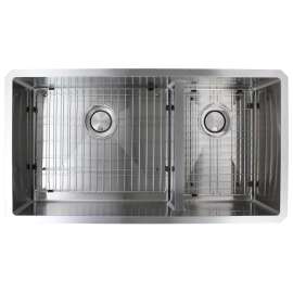 SMDUDO361910 Diamante 36-in x 19-in x 10-in 16 Gauge 60/40 Double Bowls Undermount Stainless Steel Kitchen Sink With Low Divide, Bottom Sink Grids, Flip-Top Sink Strainer, And Flip-Top Disposer Strainer