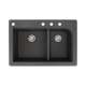 SMRTDJ3322-09-CADE Renton 33-in x 22-in x 10-in J-Shape 1-3/4 Double Bowls Drop-In silQgranite Kitchen Sink With 4 CADE Faucet Holes And Low Divide, Black