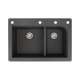 SMRTDJ3322-09-CAEF Renton 33-in x 22-in x 10-in J-Shape 1-3/4 Double Bowls Drop-In silQgranite Kitchen Sink With 4 CAEF Faucet Holes And Low Divide, Black