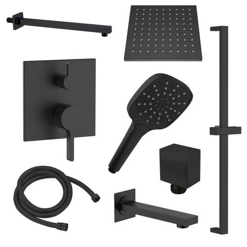 SMSPSK129TH-3-MB Sadie Three Function Square ADA Pressure Balance With Hand Shower On Bar Shower And Tub Set, Matte Black