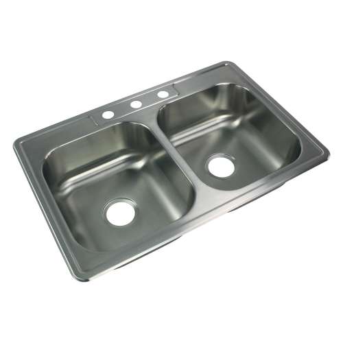 K-SMSTDE33227-3 Stella 33-in x 22-in x 7-in 20 Gauge Equal Double Bowls Drop-In Stainless Steel Kitchen Sink Kit With 3 Faucet Holes, Bottom Sink Grids, Flip-Top Sink And Disposer Strainers, And Sink Drain Installation Kit