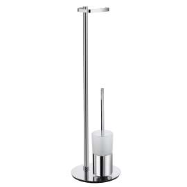 Toilet Roll Holder (Freestanding)/Toilet Brush with Frosted Glass Container in Polished Chrome/Frosted Glass