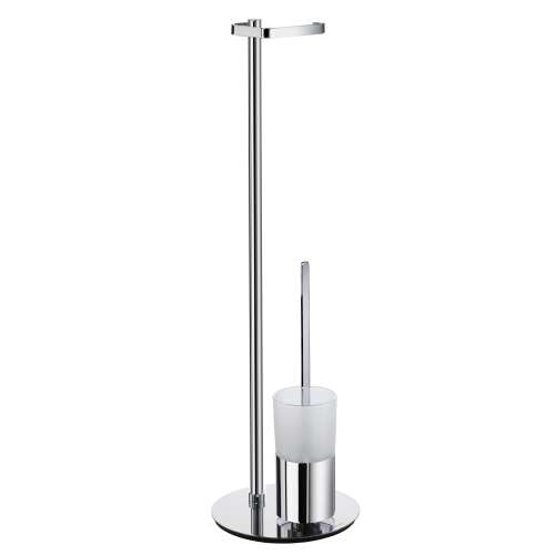 Toilet Roll Holder (Freestanding)/Toilet Brush with Frosted Glass Container in Polished Chrome/Frosted Glass