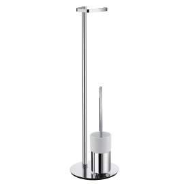 Toilet Roll Holder (Freestanding)/Toilet Brush with Porcelain Glass Container in Polished Chrome/White Porcelain