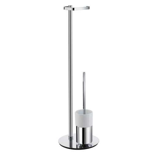 Toilet Roll Holder (Freestanding)/Toilet Brush with Porcelain Glass Container in Polished Chrome/White Porcelain