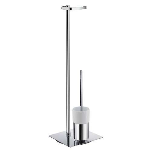 Outline FK322P Toilet Roll Holder (Freestanding)/Toilet Brush With Porcelain Glass Container in Polished Chrome/White Porcelain