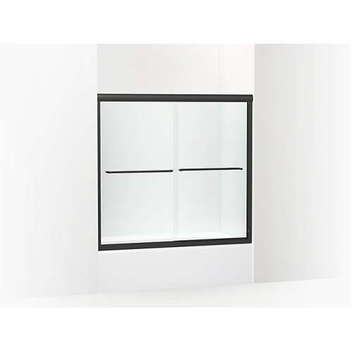 Frameless sliding bath door in matte black frame finish with smooth glass texture 54-5/8