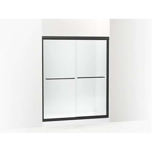 Frameless sliding shower door in matte black frame finish with smooth glass texture 54-5/8