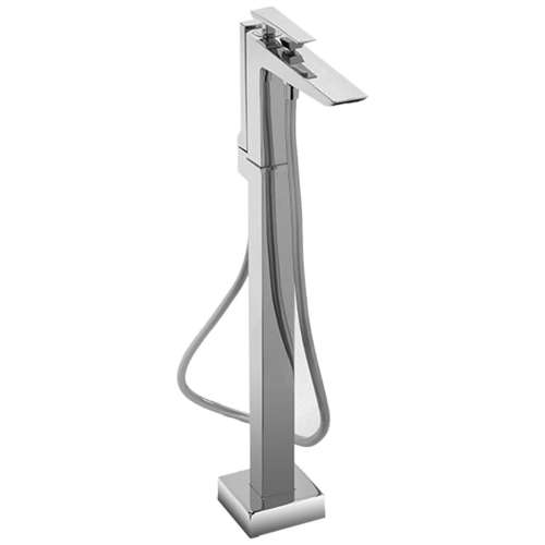 Single Handle Freestanding Tub Filler with Handheld Shower in Brushed Nickel