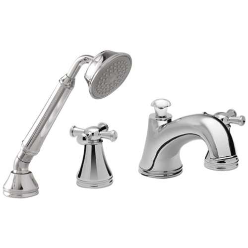 Deck Mount Tub Filler Trim with Handheld Shower and Cross Handles in Polished Chrome