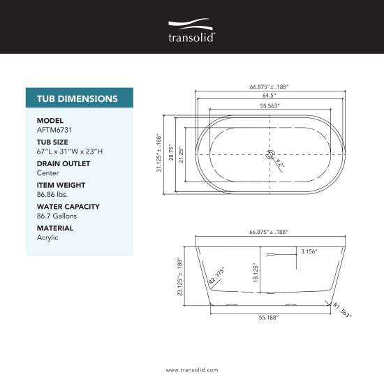 Maris Grande 67 in. Freestanding Deep Soaking Bathtub | 31 in. Wide Acrylic Flatbottom | Center Drain | Bath Pillow Included | 23 in. Confirmed Soak Depth, 86.7-Gallon Capacity | Gloss White | K-AFTM6731-G31